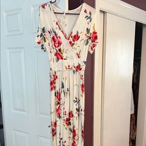 Floral Wrap Maxi Dress - Cream with Red Rose Print
